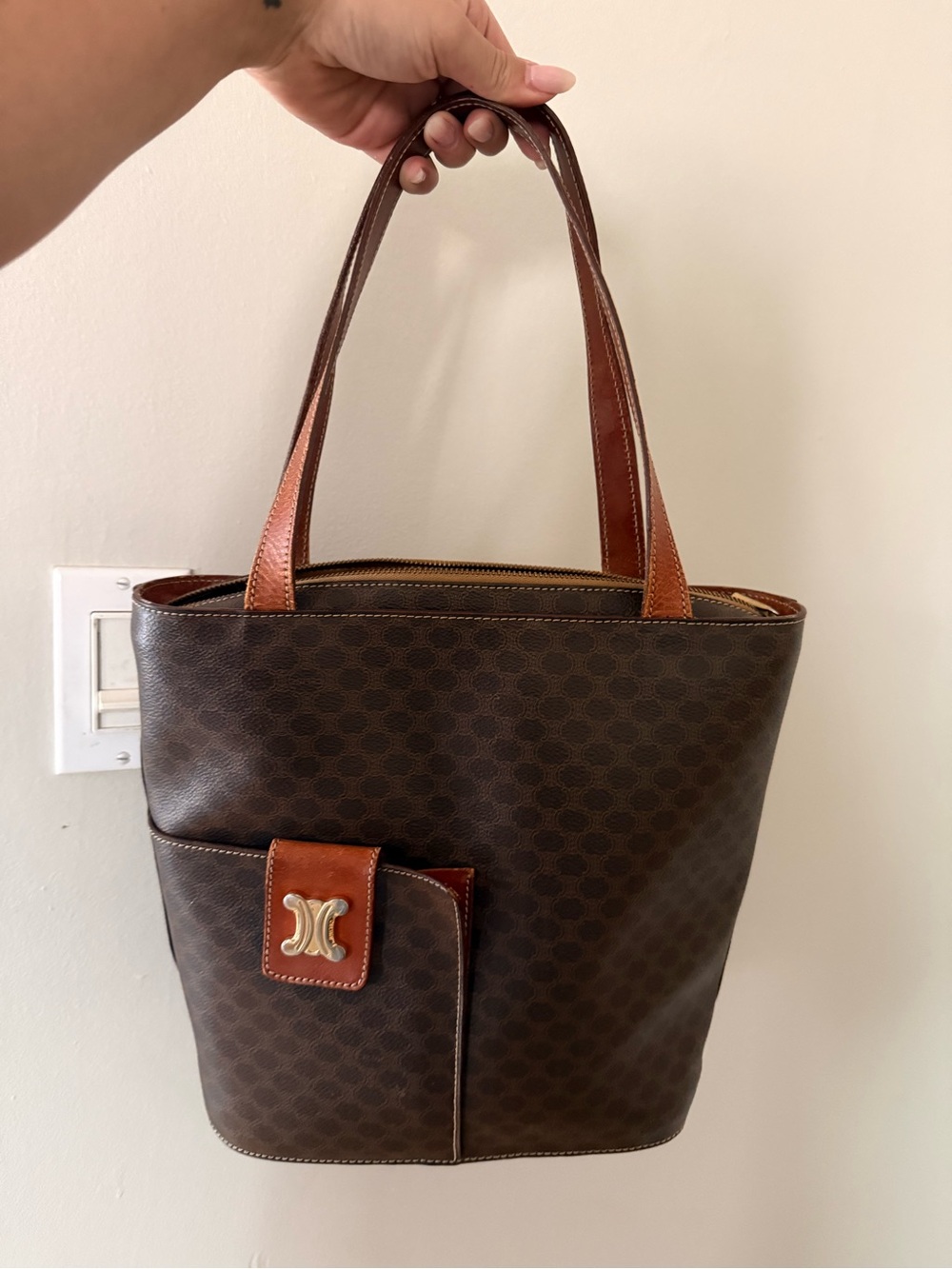 Celine Brown and Tan Monogram Vertical Tote